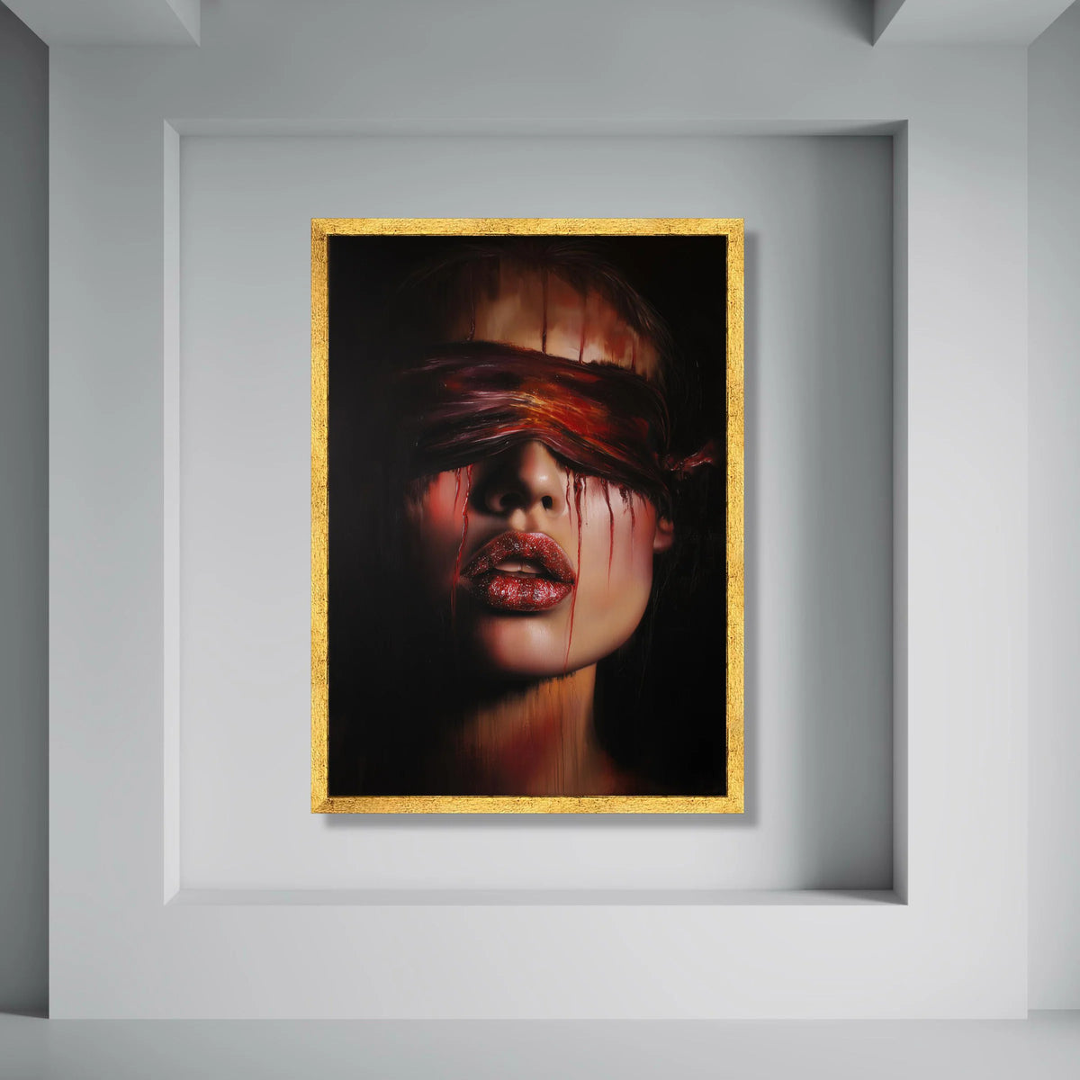 Dark Surreal Portrait Canvas, Woman with Red Blindfold, Dramatic Face Close-up, Moody Wall Art, Contemporary Home Decoration Print Art