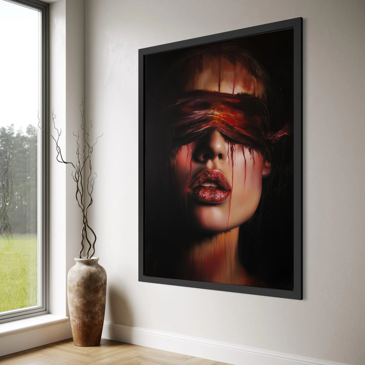 Dark Surreal Portrait Canvas, Woman with Red Blindfold, Dramatic Face Close-up, Moody Wall Art, Contemporary Home Decoration Print Art