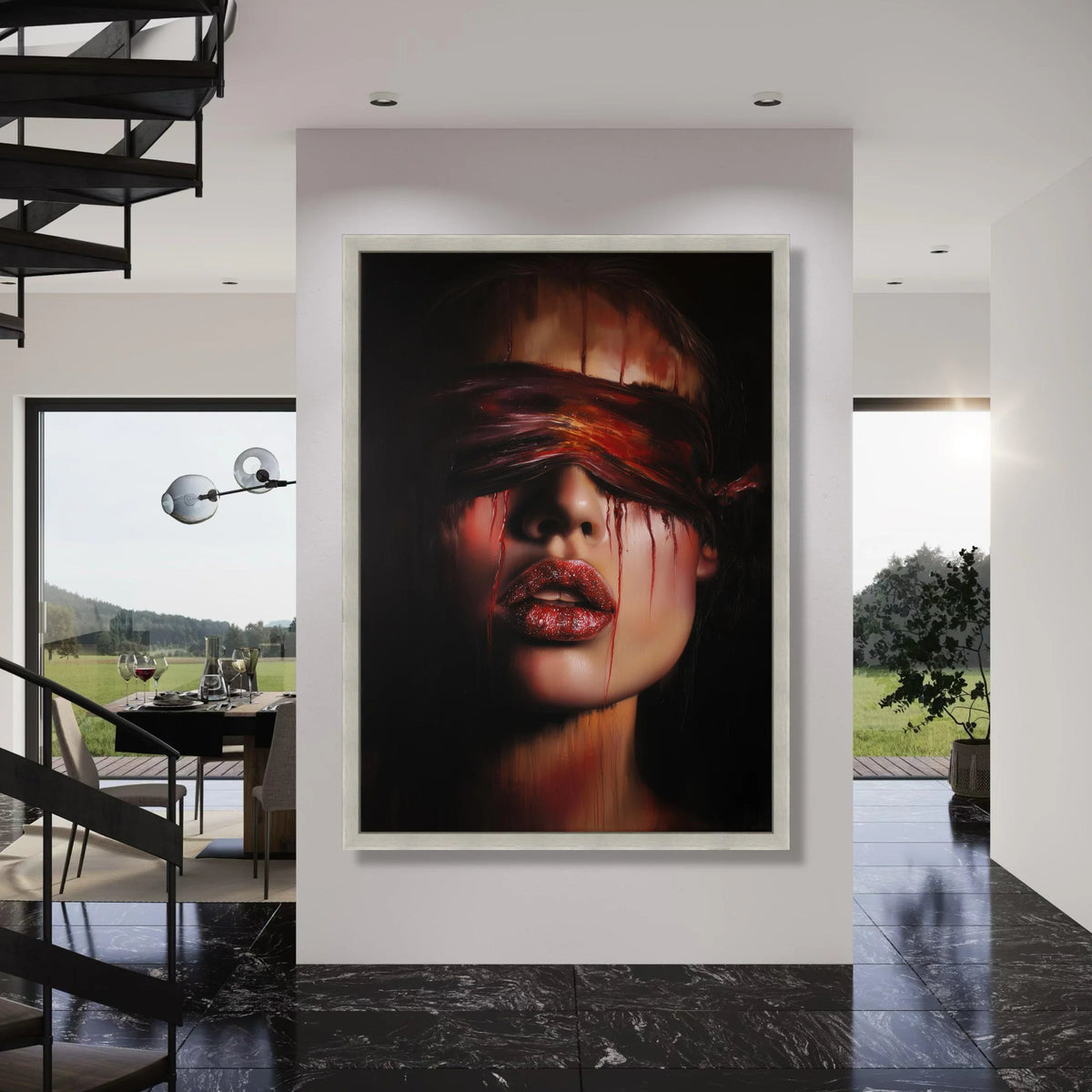 Dark Surreal Portrait Canvas, Woman with Red Blindfold, Dramatic Face Close-up, Moody Wall Art, Contemporary Home Decoration Print Art