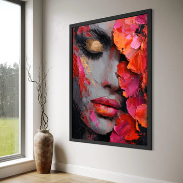 Vibrant Floral Woman Portrait, Colorful Face Canvas, Abstract Beauty Wall Art, Pink Red Decor, Modern Canvas Painting for Home Print Art