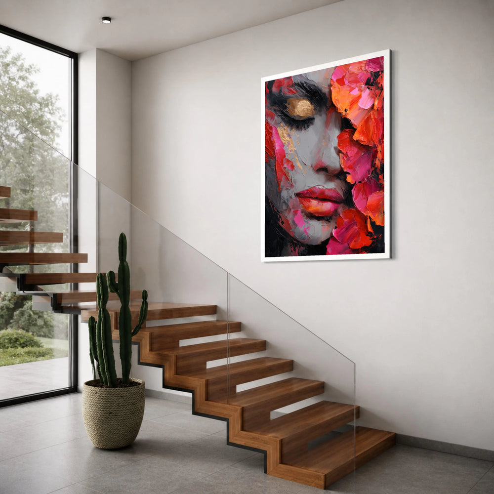 Vibrant Floral Woman Portrait, Colorful Face Canvas, Abstract Beauty Wall Art, Pink Red Decor, Modern Canvas Painting for Home Print Art