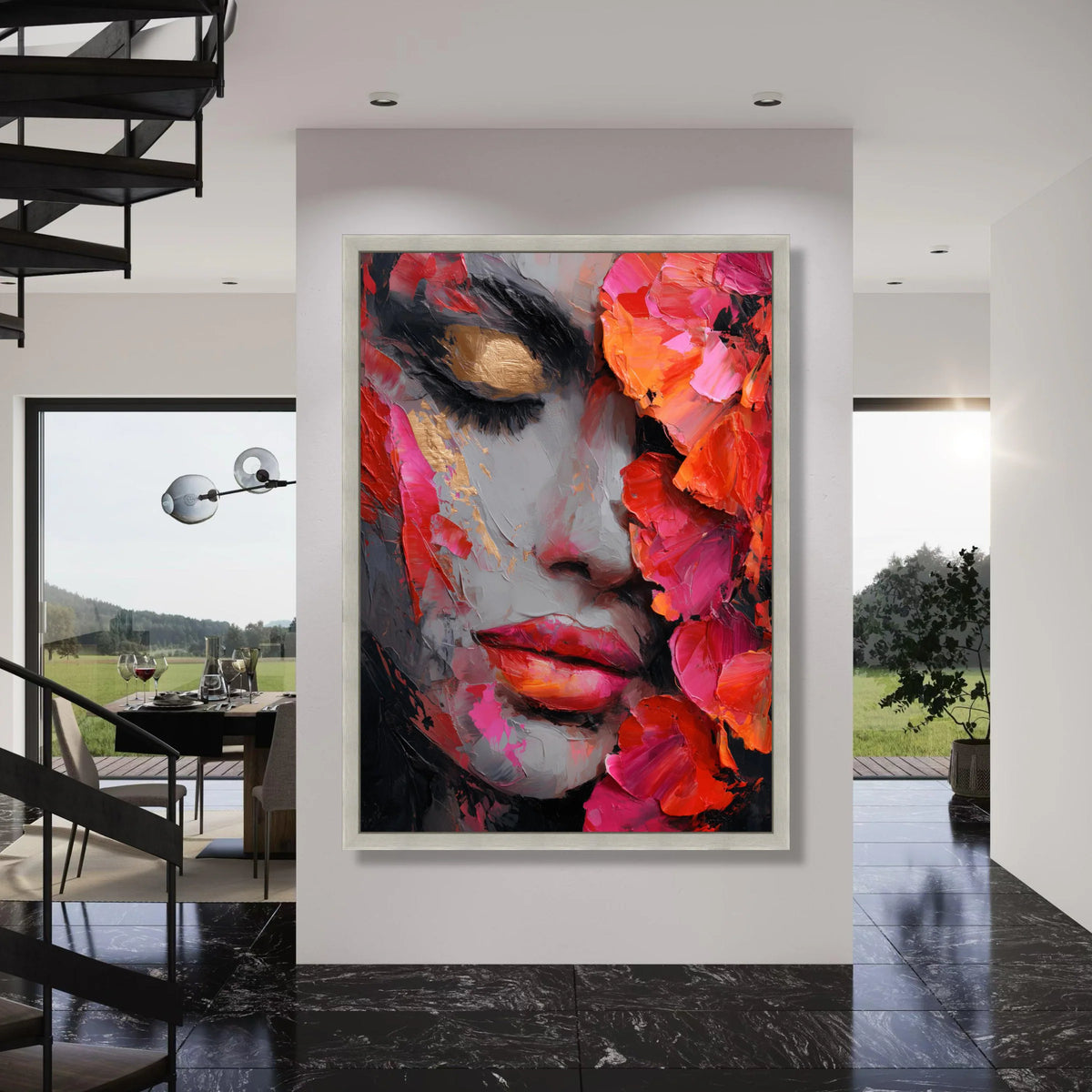 Vibrant Floral Woman Portrait, Colorful Face Canvas, Abstract Beauty Wall Art, Pink Red Decor, Modern Canvas Painting for Home Print Art