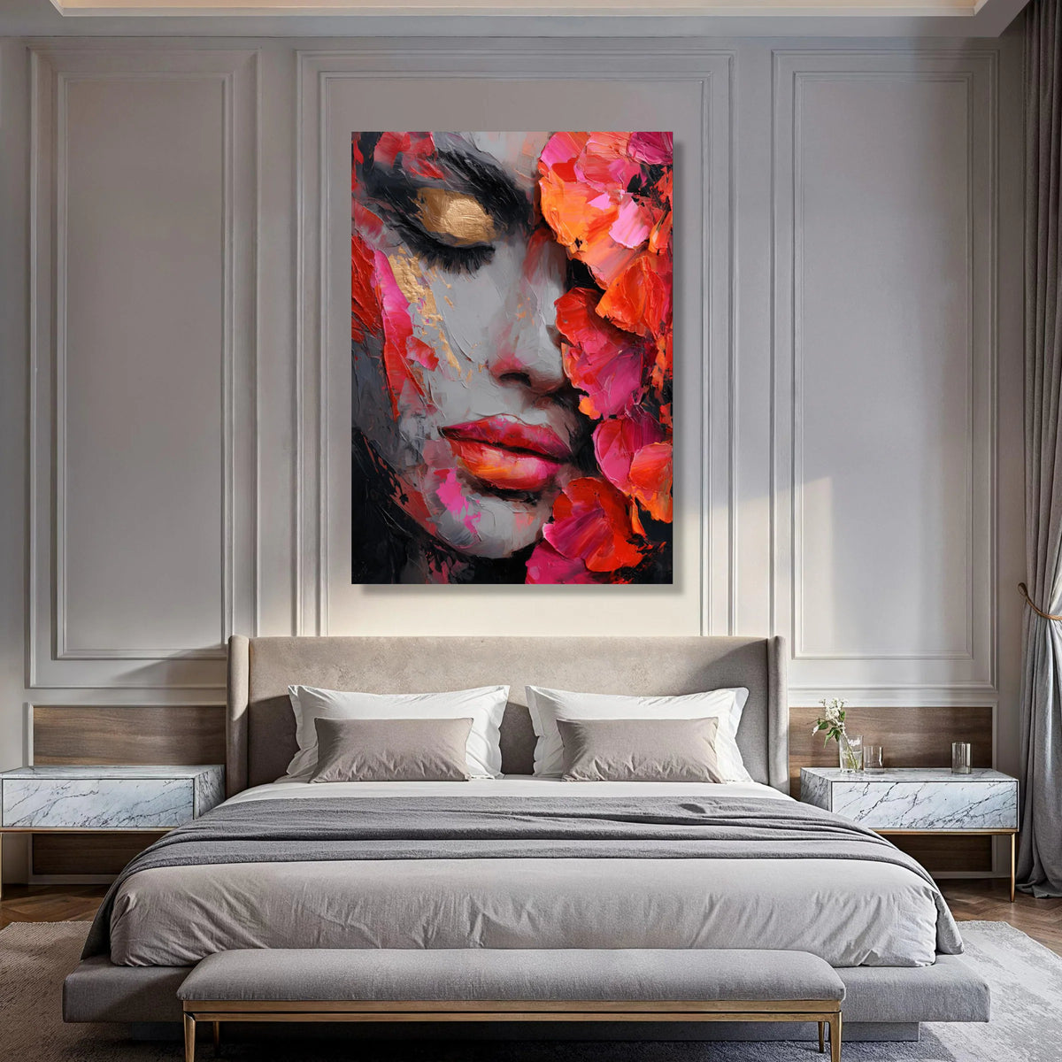 Vibrant Floral Woman Portrait, Colorful Face Canvas, Abstract Beauty Wall Art, Pink Red Decor, Modern Canvas Painting for Home Print Art