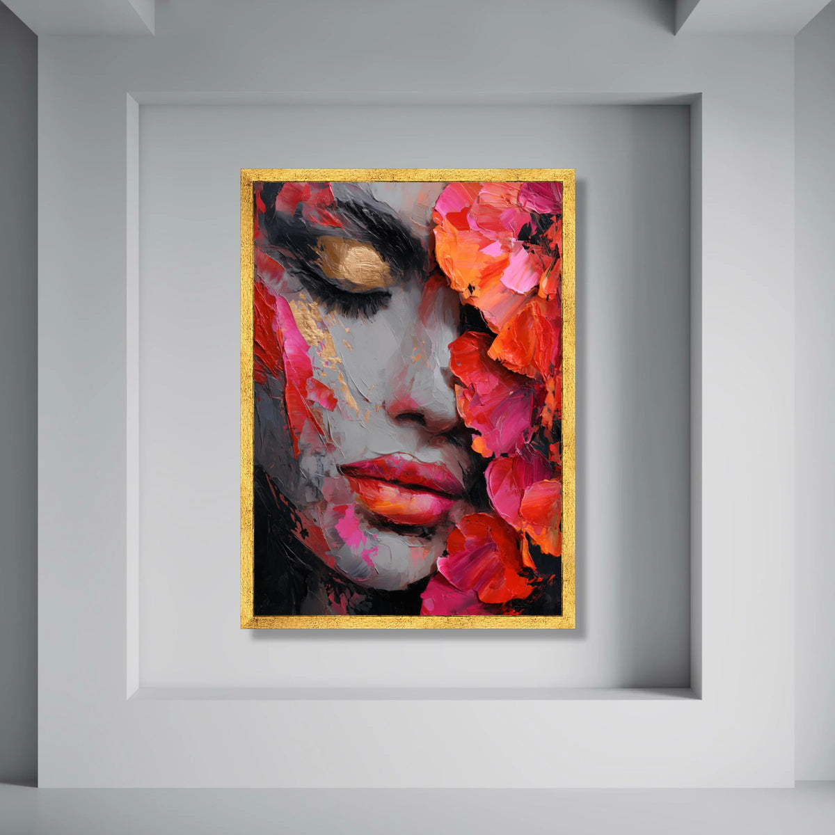 Vibrant Floral Woman Portrait, Colorful Face Canvas, Abstract Beauty Wall Art, Pink Red Decor, Modern Canvas Painting for Home Print Art