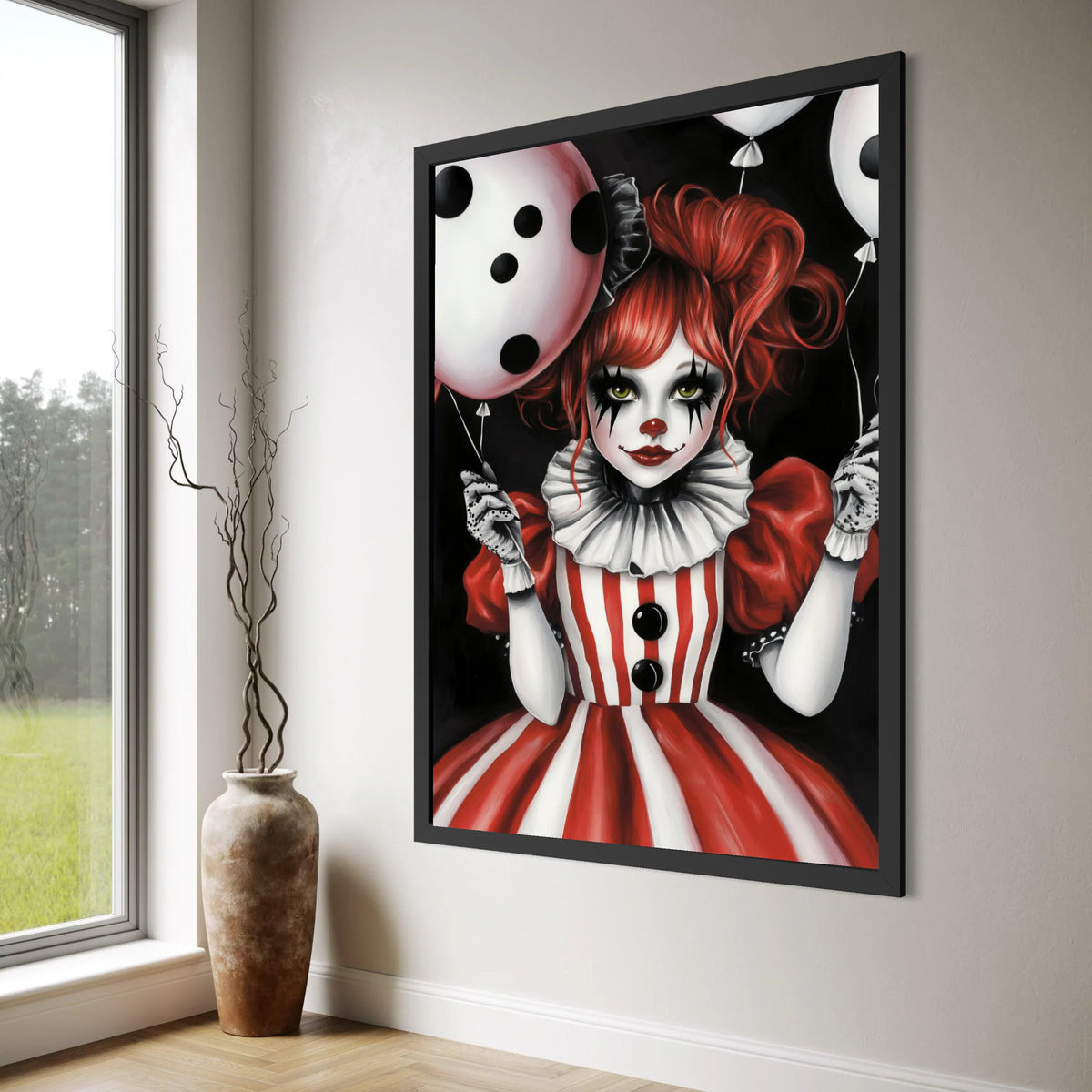 Red Hair Clown Girl Canvas Wall Art, Striped Costume Portrait, Halloween Decoration, Spooky Kids Room Canvas, Balloon Party Wall Print Art