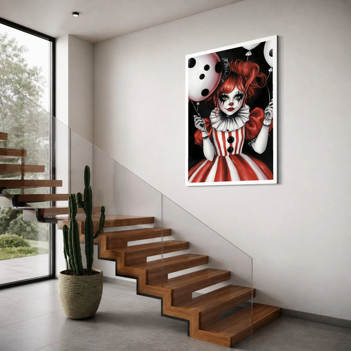 Red Hair Clown Girl Canvas Wall Art, Striped Costume Portrait, Halloween Decoration, Spooky Kids Room Canvas, Balloon Party Wall Print Art