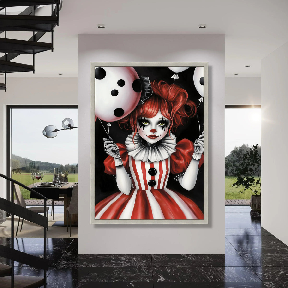 Red Hair Clown Girl Canvas Wall Art, Striped Costume Portrait, Halloween Decoration, Spooky Kids Room Canvas, Balloon Party Wall Print Art