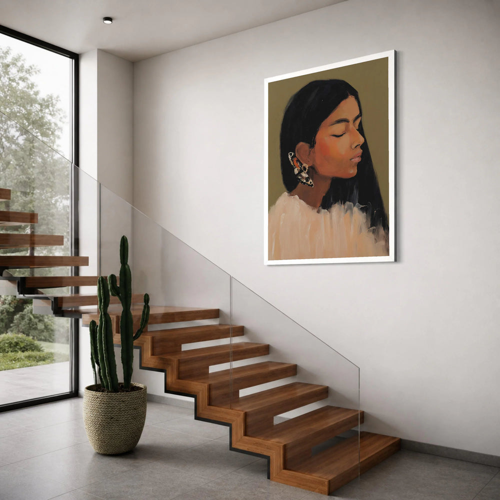 Serene Woman Portrait Canvas, Butterfly Earring Wall Art, Contemporary Female Face Canvas, Home Decoration Print, Peaceful Print Art