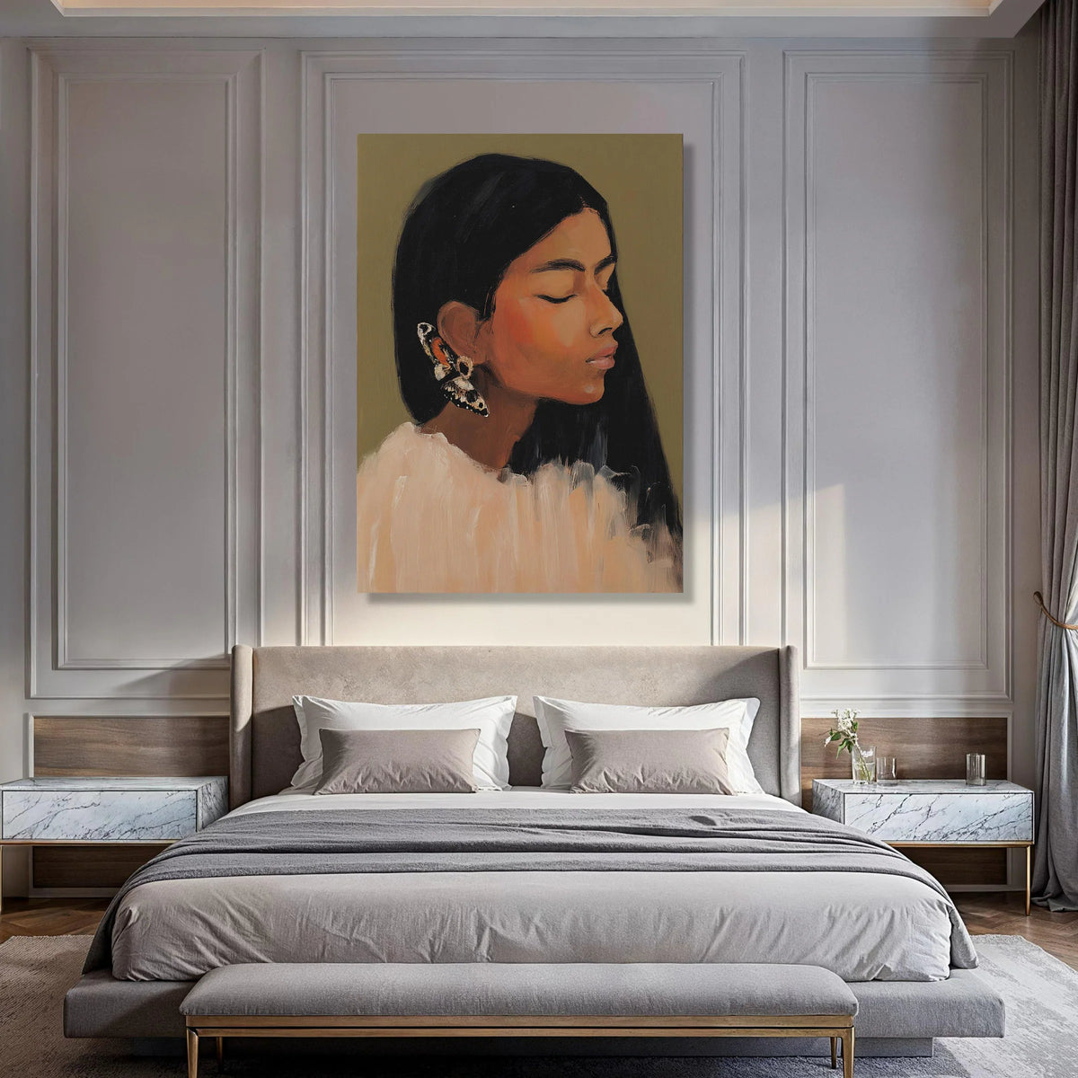 Serene Woman Portrait Canvas, Butterfly Earring Wall Art, Contemporary Female Face Canvas, Home Decoration Print, Peaceful Print Art