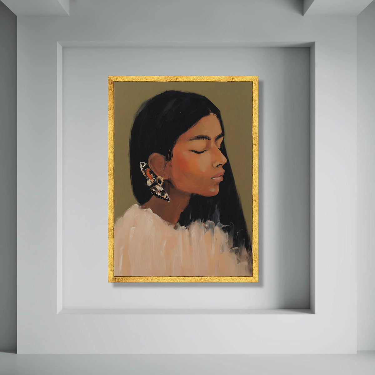Serene Woman Portrait Canvas, Butterfly Earring Wall Art, Contemporary Female Face Canvas, Home Decoration Print, Peaceful Print Art