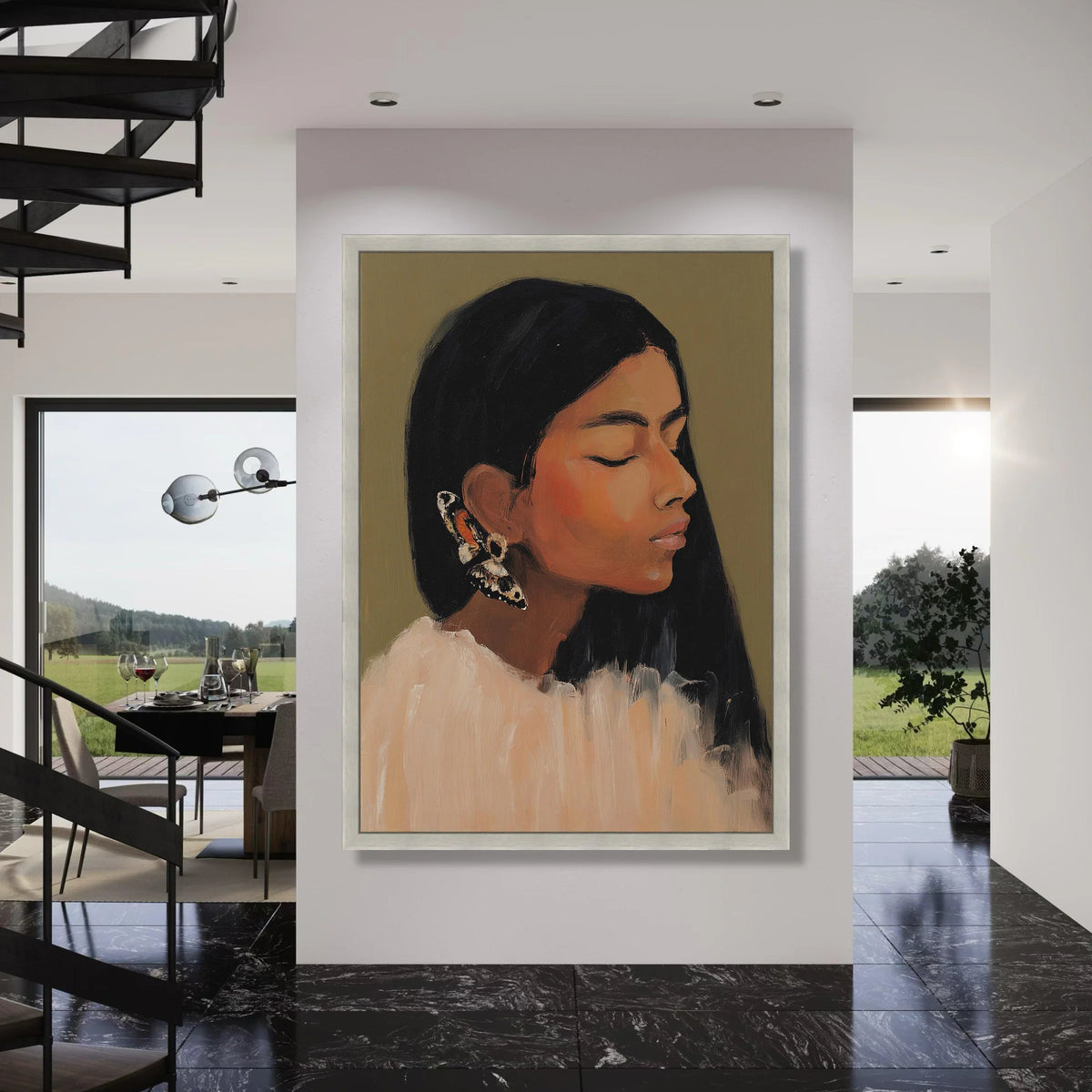 Serene Woman Portrait Canvas, Butterfly Earring Wall Art, Contemporary Female Face Canvas, Home Decoration Print, Peaceful Print Art