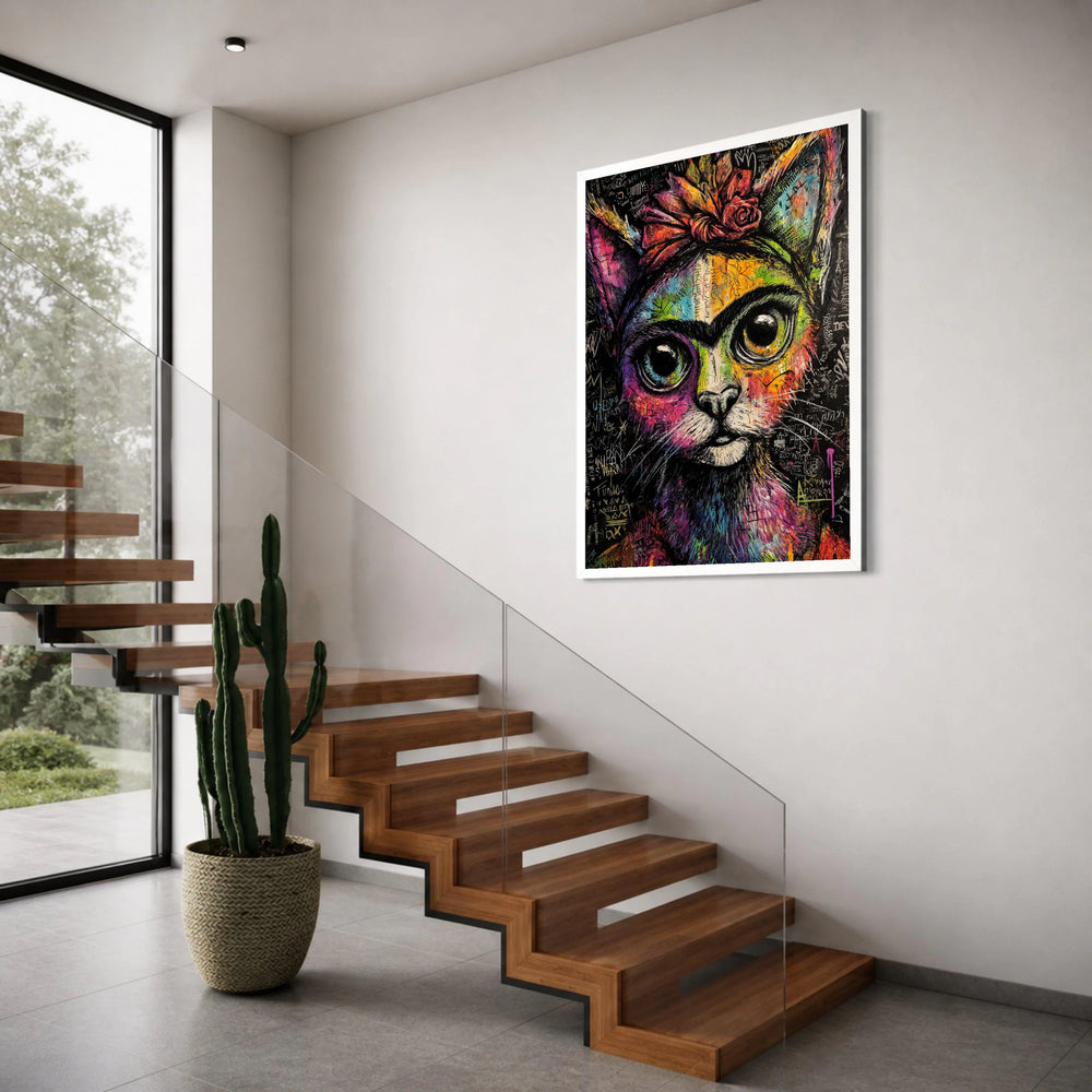 Vibrant Colorful Cat Portrait, Graffiti Style Canvas Wall Art, Urban Animal Artwork, Large Eye Cat Illustration, Modern Decorative Print Art