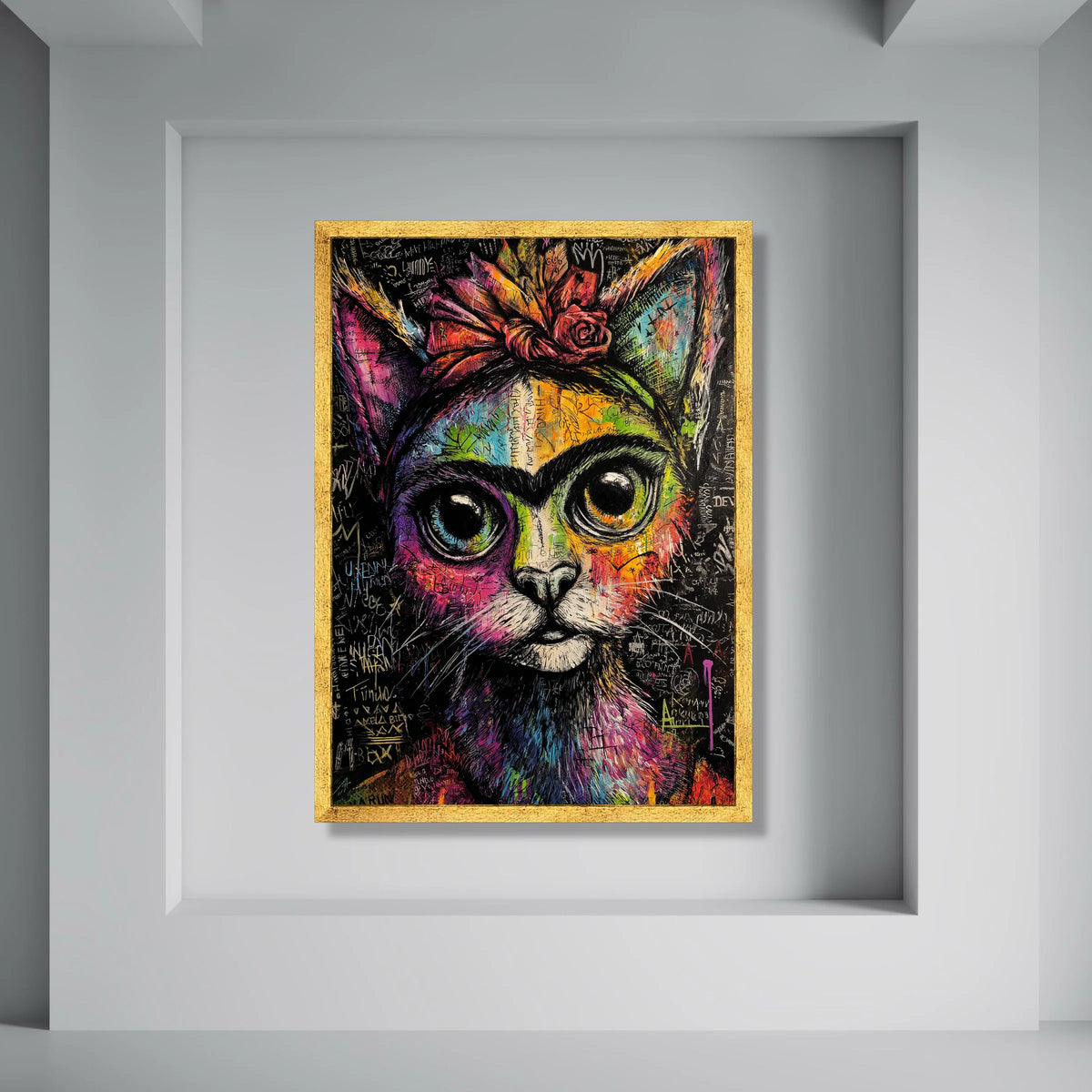 Vibrant Colorful Cat Portrait, Graffiti Style Canvas Wall Art, Urban Animal Artwork, Large Eye Cat Illustration, Modern Decorative Print Art