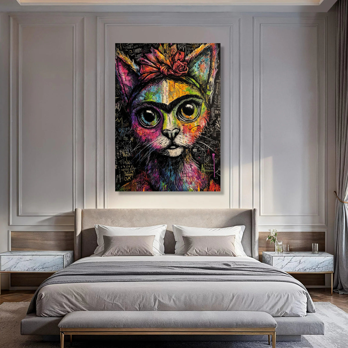 Vibrant Colorful Cat Portrait, Graffiti Style Canvas Wall Art, Urban Animal Artwork, Large Eye Cat Illustration, Modern Decorative Print Art