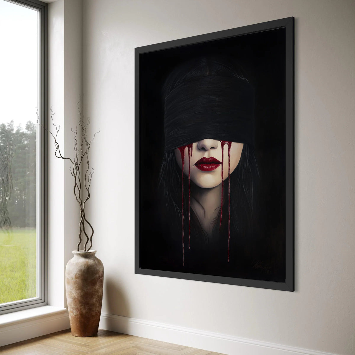 Mysterious Woman Blindfolded with Blood Tears Canvas, Dark Gothic Portrait Wall Art, Dramatic Red Lips Face Print, Emotional Home Print Art
