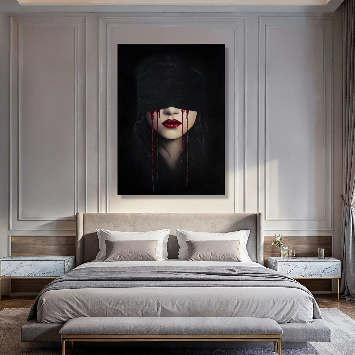 Mysterious Woman Blindfolded with Blood Tears Canvas, Dark Gothic Portrait Wall Art, Dramatic Red Lips Face Print, Emotional Home Print Art