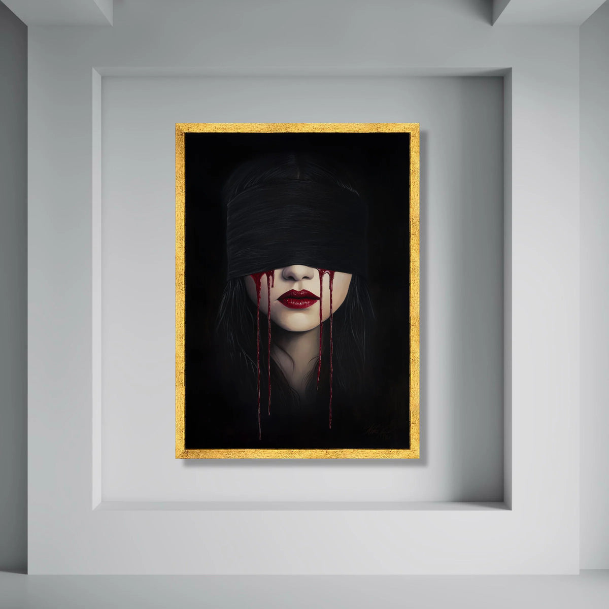 Mysterious Woman Blindfolded with Blood Tears Canvas, Dark Gothic Portrait Wall Art, Dramatic Red Lips Face Print, Emotional Home Print Art
