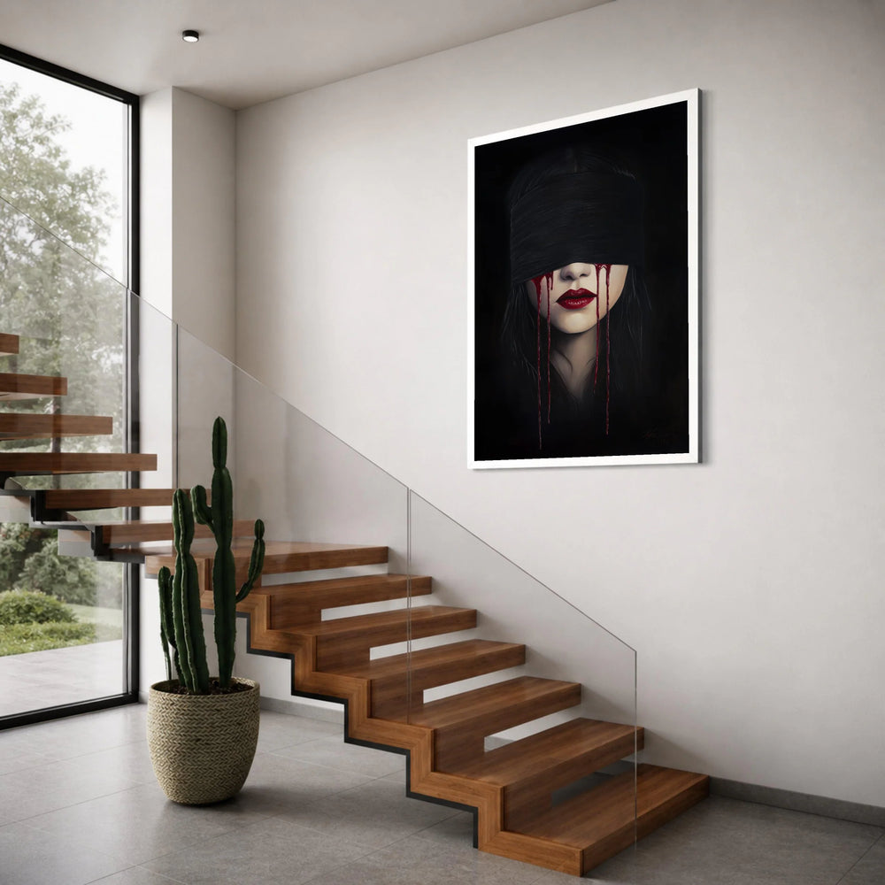 Mysterious Woman Blindfolded with Blood Tears Canvas, Dark Gothic Portrait Wall Art, Dramatic Red Lips Face Print, Emotional Home Print Art