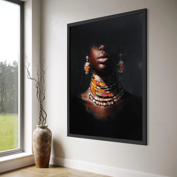 Elegant Woman Portrait Canvas, African Jewelry Art, Colorful Necklace Wall Art, Modern Ethnic Home Décor, Fashion Statement Canvas Print Art