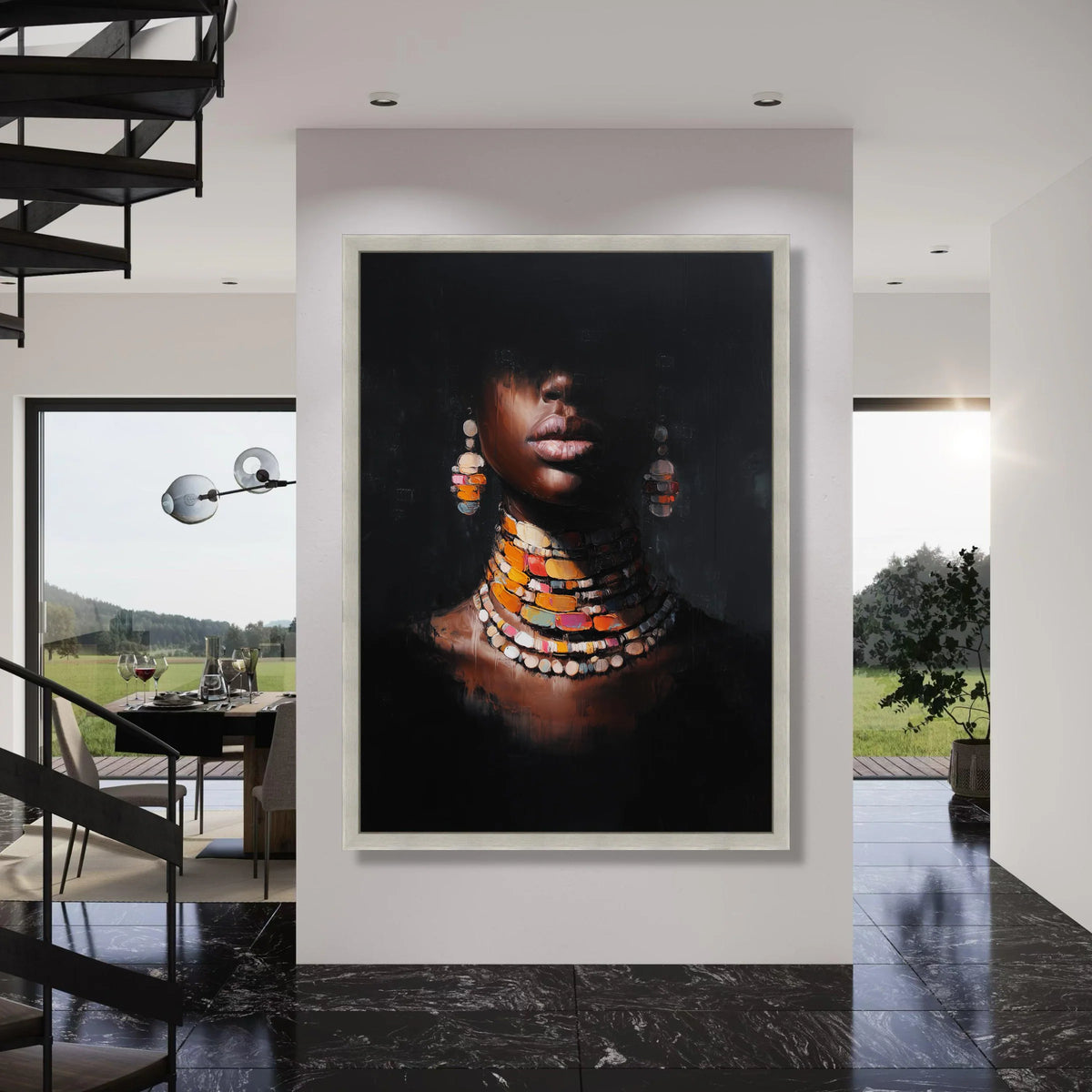 Elegant Woman Portrait Canvas, African Jewelry Art, Colorful Necklace Wall Art, Modern Ethnic Home Décor, Fashion Statement Canvas Print Art