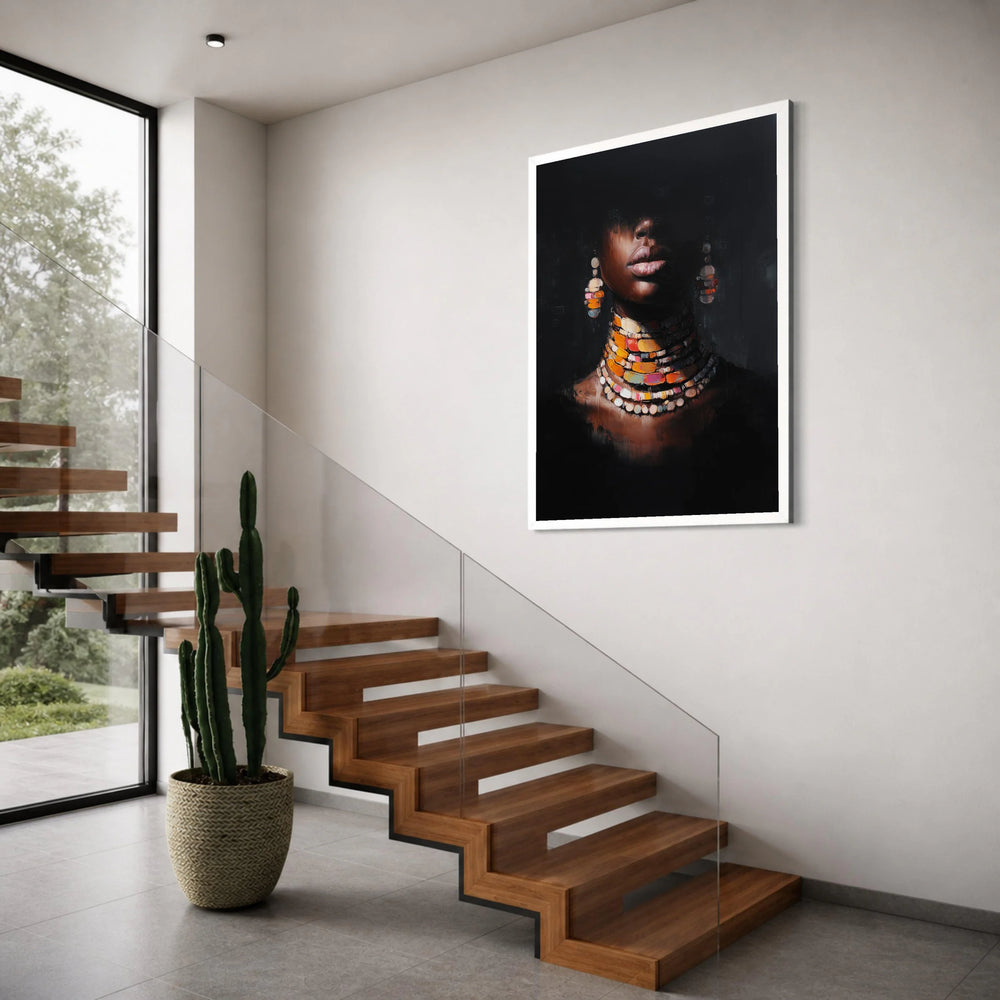 Elegant Woman Portrait Canvas, African Jewelry Art, Colorful Necklace Wall Art, Modern Ethnic Home Décor, Fashion Statement Canvas Print Art