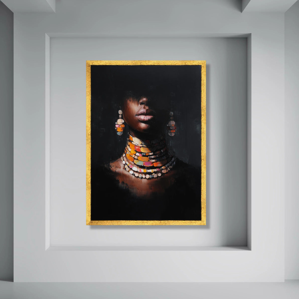 Elegant Woman Portrait Canvas, African Jewelry Art, Colorful Necklace Wall Art, Modern Ethnic Home Décor, Fashion Statement Canvas Print Art
