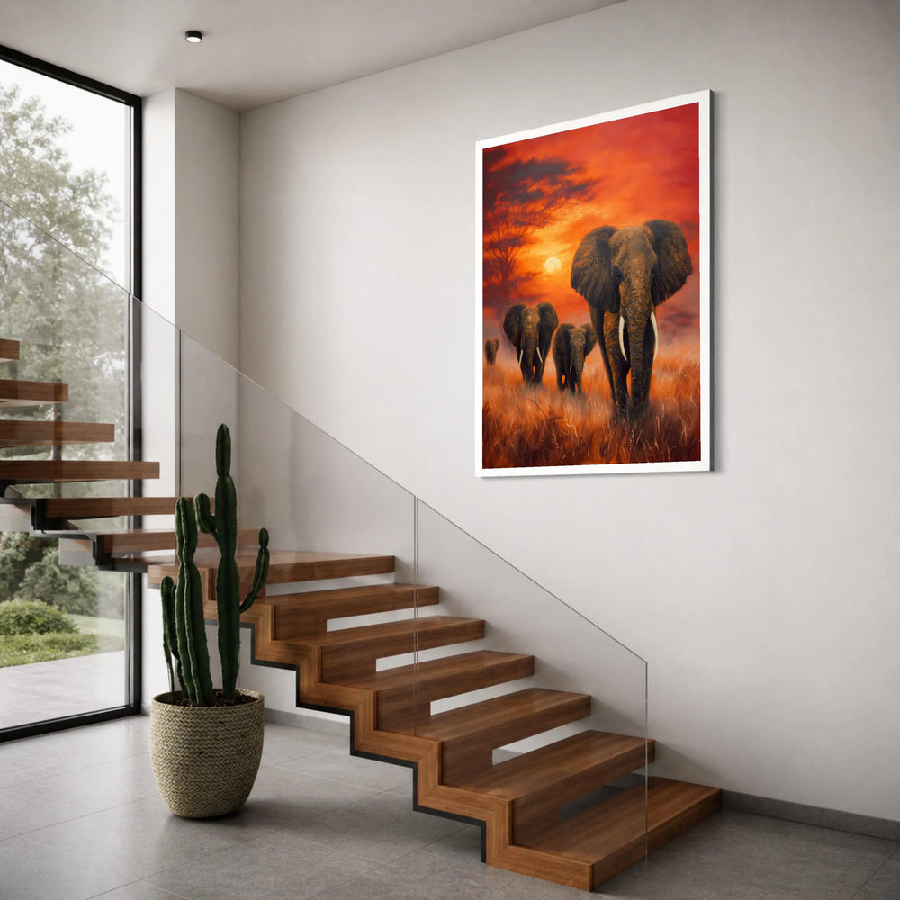 Majestic Elephant Herd at Sunset Canvas, African Wildlife Wall Art, Safari Landscape Canvas, Nature Animal Canvas Decor, Ready to Print Art