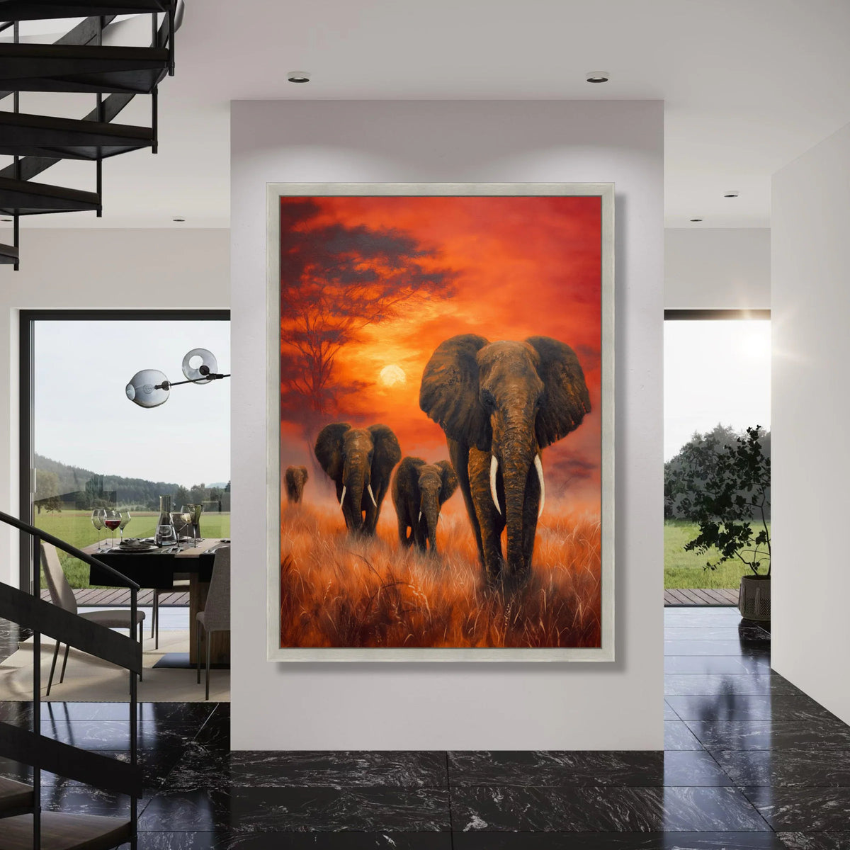 Majestic Elephant Herd at Sunset Canvas, African Wildlife Wall Art, Safari Landscape Canvas, Nature Animal Canvas Decor, Ready to Print Art