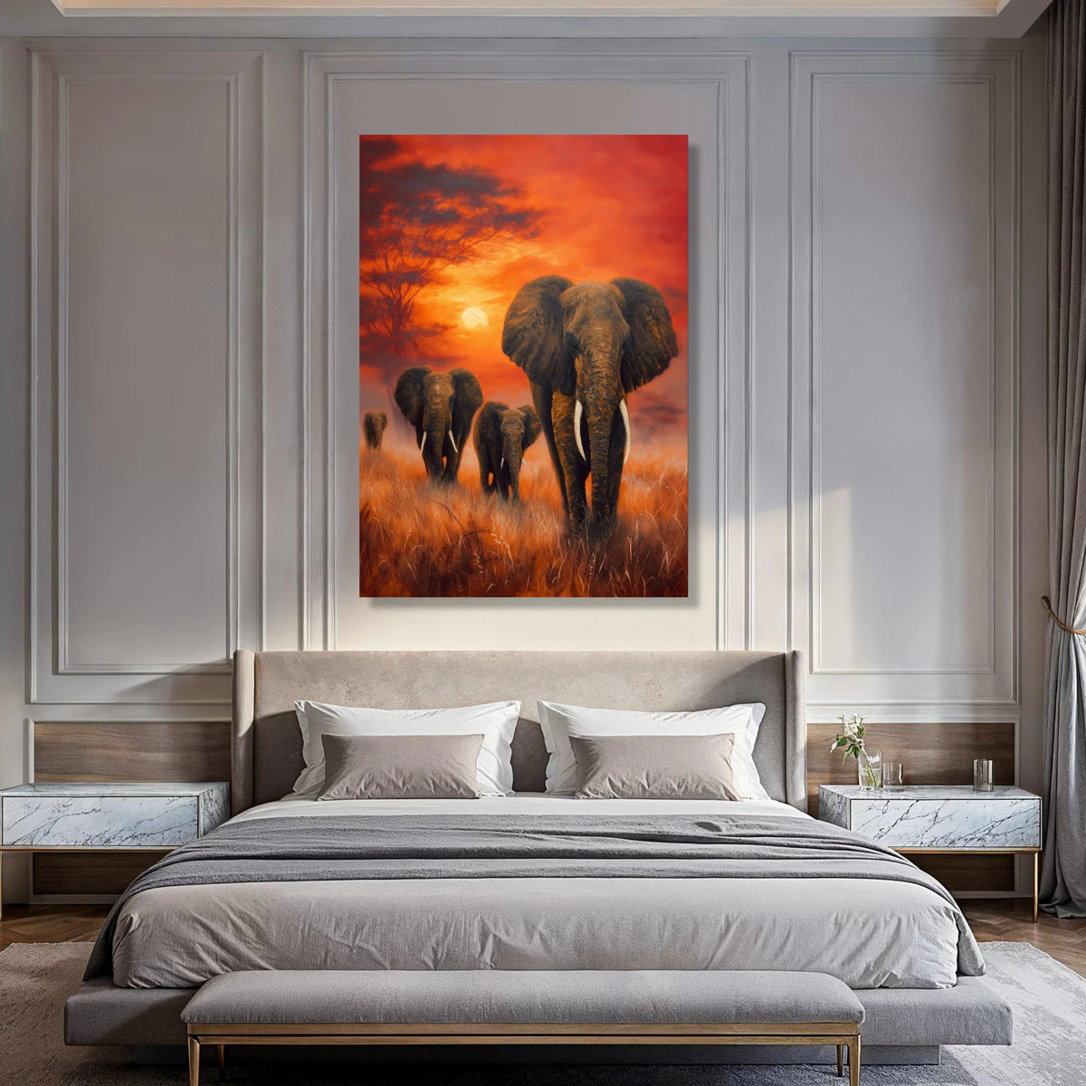 Majestic Elephant Herd at Sunset Canvas, African Wildlife Wall Art, Safari Landscape Canvas, Nature Animal Canvas Decor, Ready to Print Art