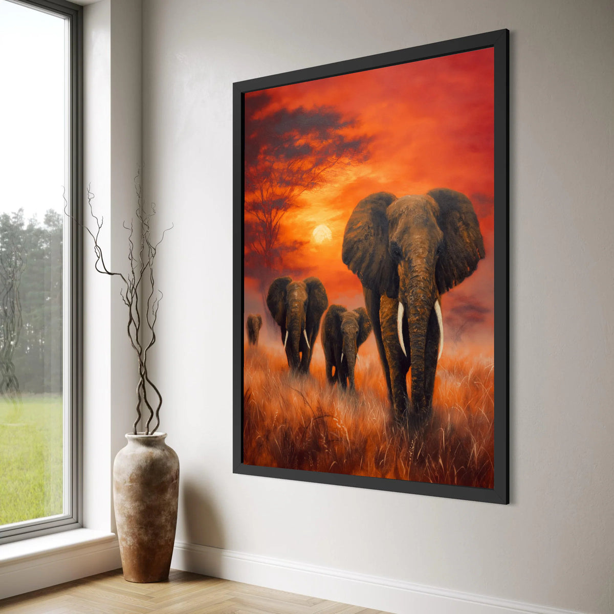 Majestic Elephant Herd at Sunset Canvas, African Wildlife Wall Art, Safari Landscape Canvas, Nature Animal Canvas Decor, Ready to Print Art
