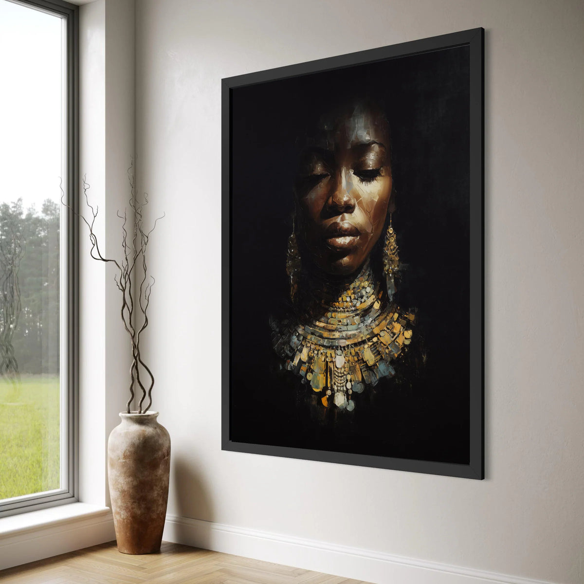 Elegant African Woman Portrait Canvas, Ethnic Jewelry Wall Art, Dark Background Canvas, Cultural Face Art, Home Decoration Print Art