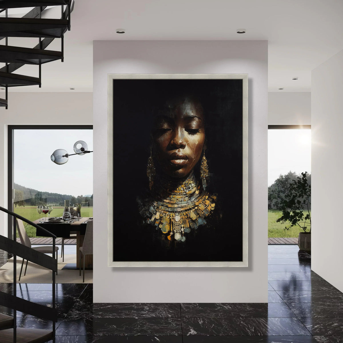 Elegant African Woman Portrait Canvas, Ethnic Jewelry Wall Art, Dark Background Canvas, Cultural Face Art, Home Decoration Print Art