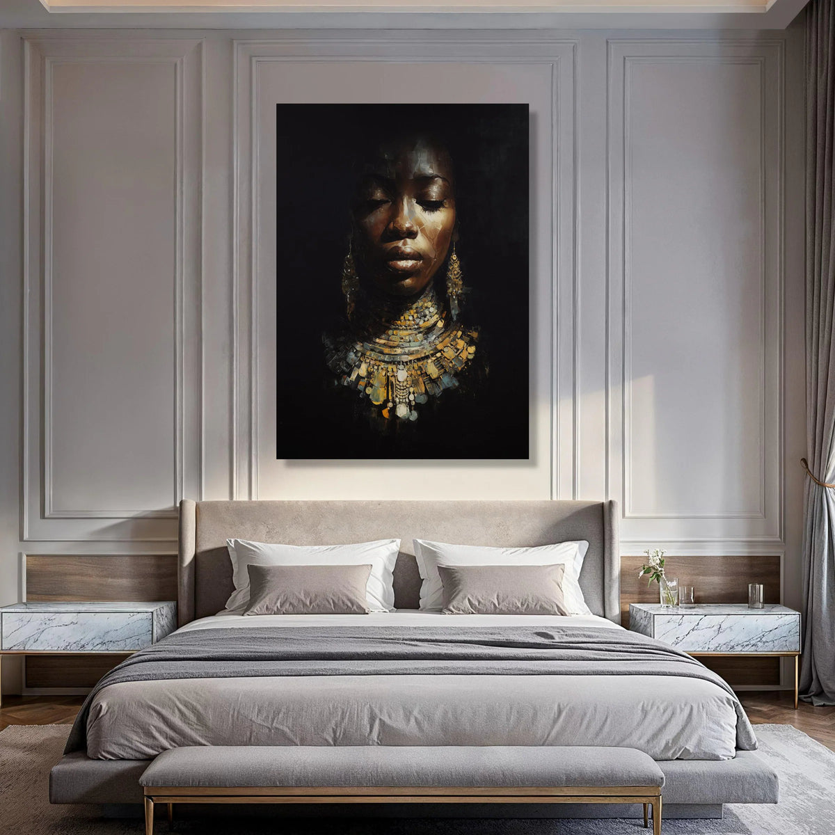 Elegant African Woman Portrait Canvas, Ethnic Jewelry Wall Art, Dark Background Canvas, Cultural Face Art, Home Decoration Print Art