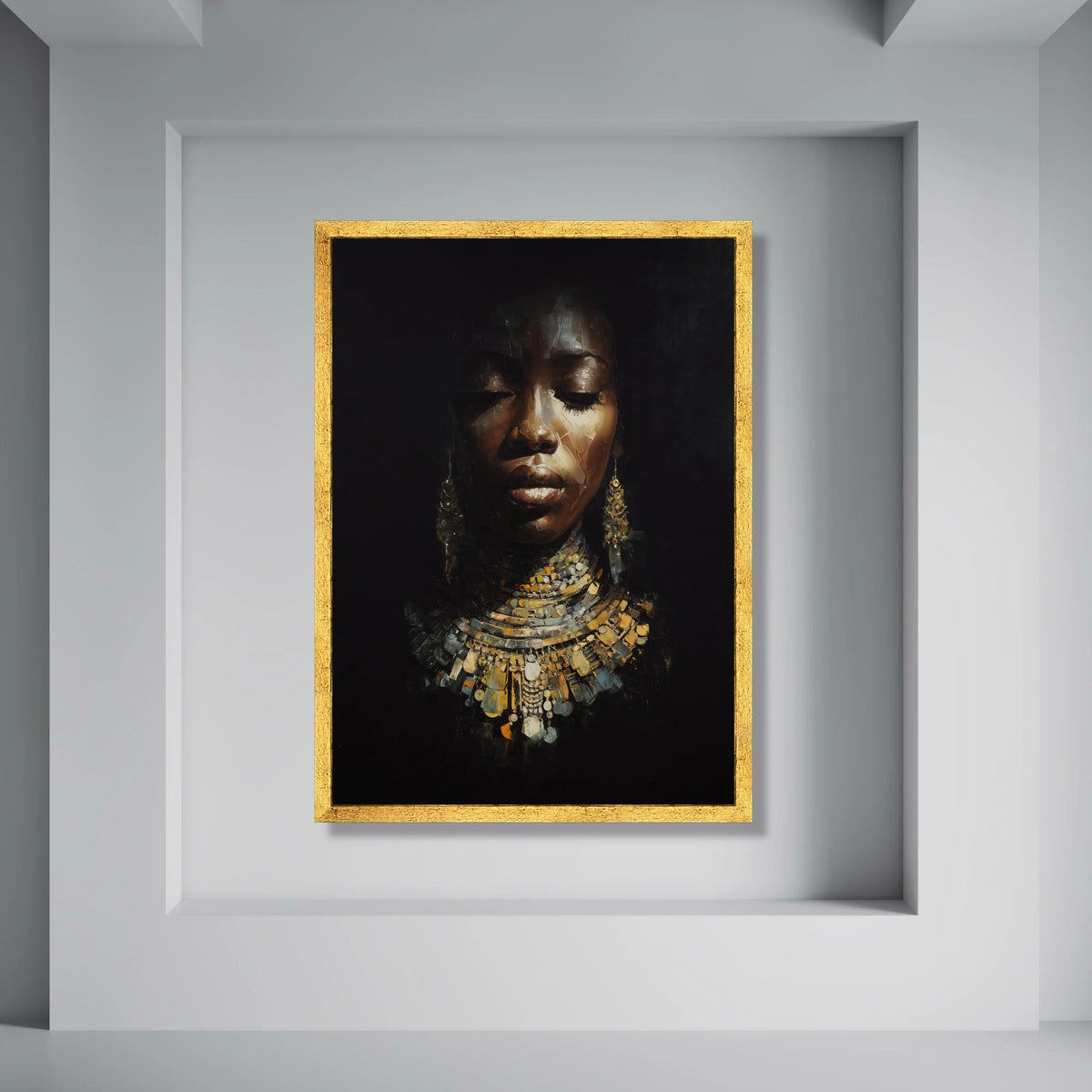 Elegant African Woman Portrait Canvas, Ethnic Jewelry Wall Art, Dark Background Canvas, Cultural Face Art, Home Decoration Print Art