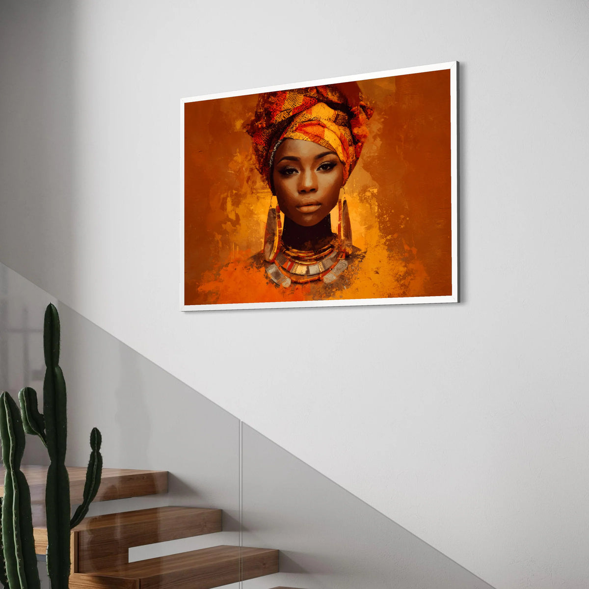 Elegant African Woman Portrait Canvas, Vibrant Headwrap Art, Cultural Wall Decor, Ethnic Jewelry Canvas, Warm Tones Wall Art Print Art
