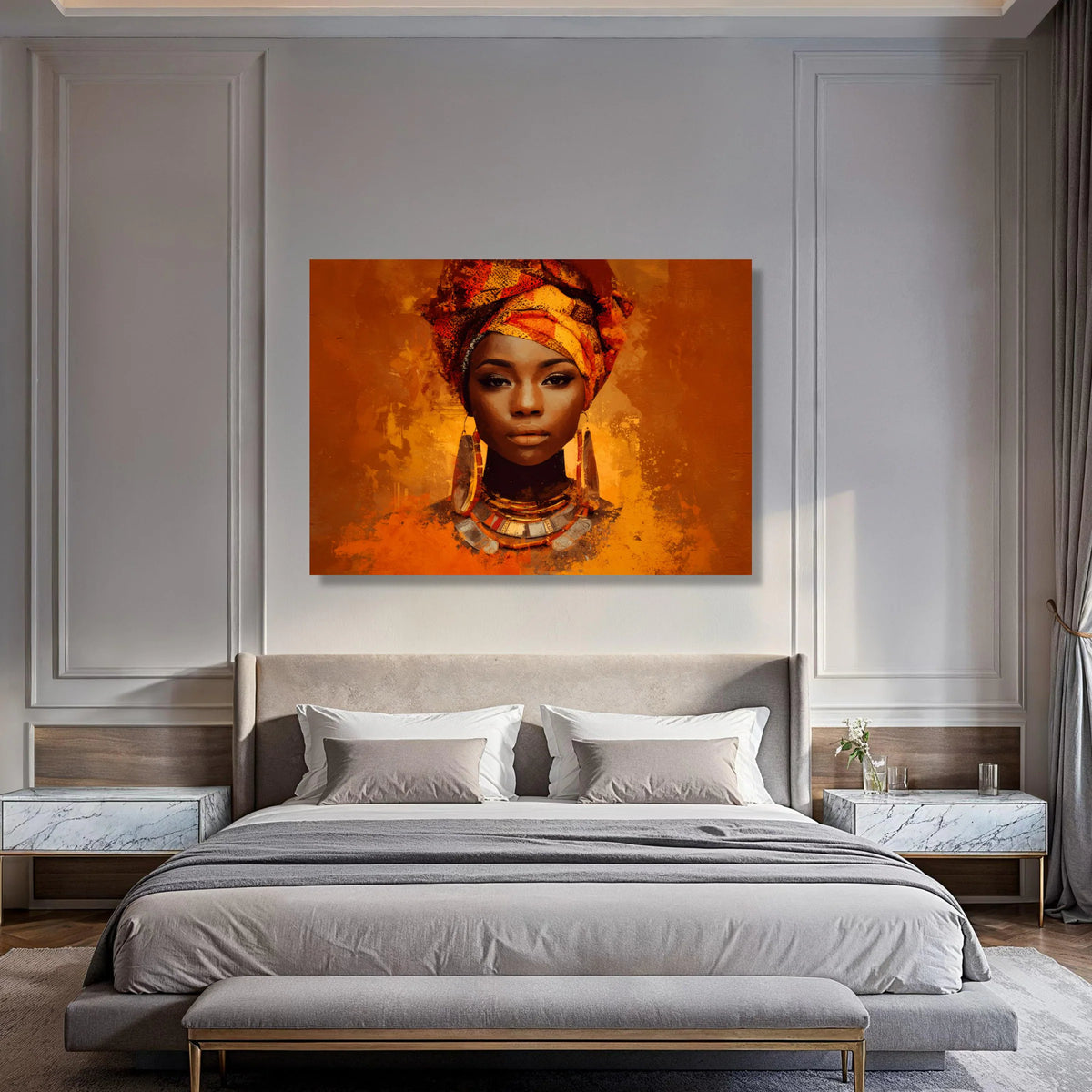 Elegant African Woman Portrait Canvas, Vibrant Headwrap Art, Cultural Wall Decor, Ethnic Jewelry Canvas, Warm Tones Wall Art Print Art