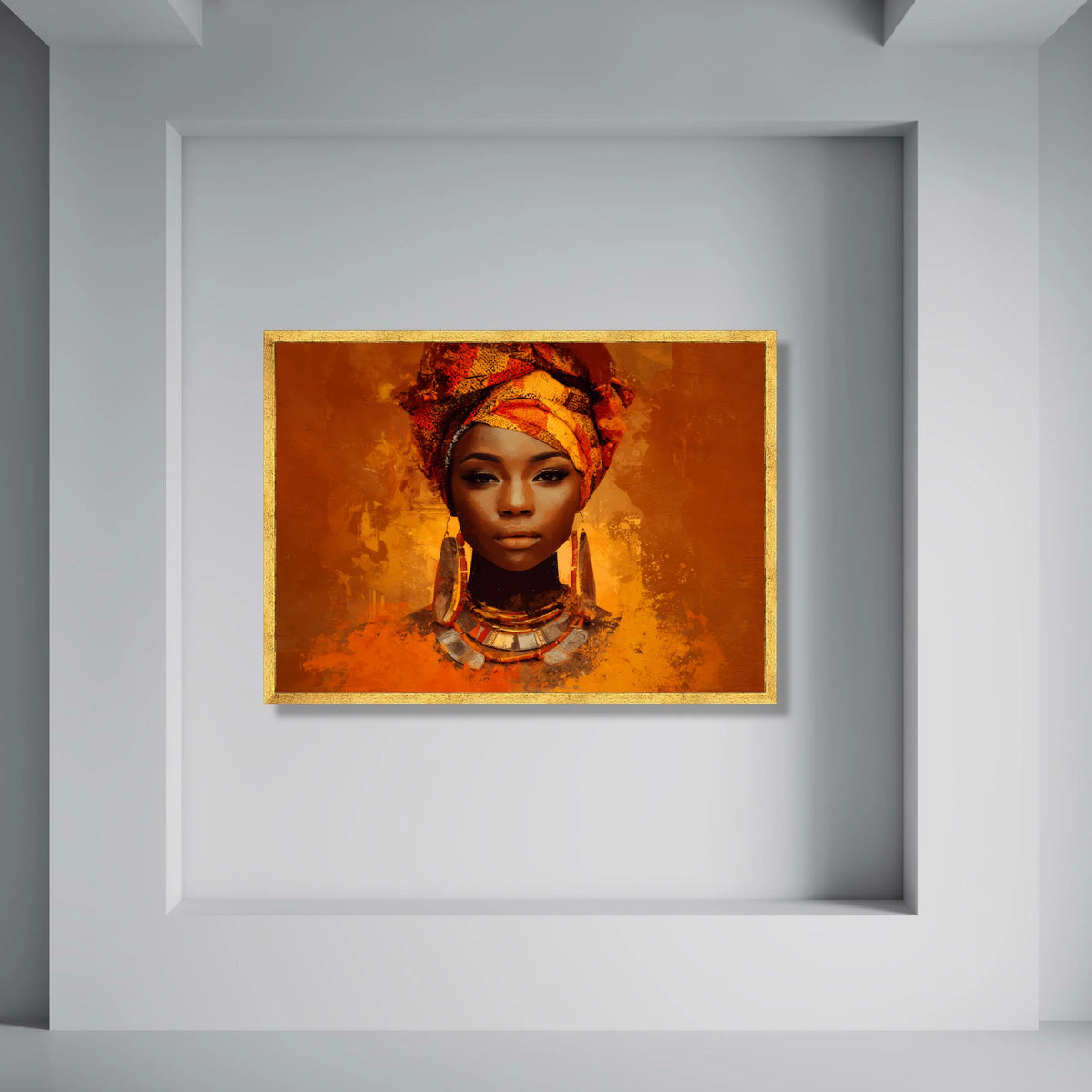 Elegant African Woman Portrait Canvas, Vibrant Headwrap Art, Cultural Wall Decor, Ethnic Jewelry Canvas, Warm Tones Wall Art Print Art