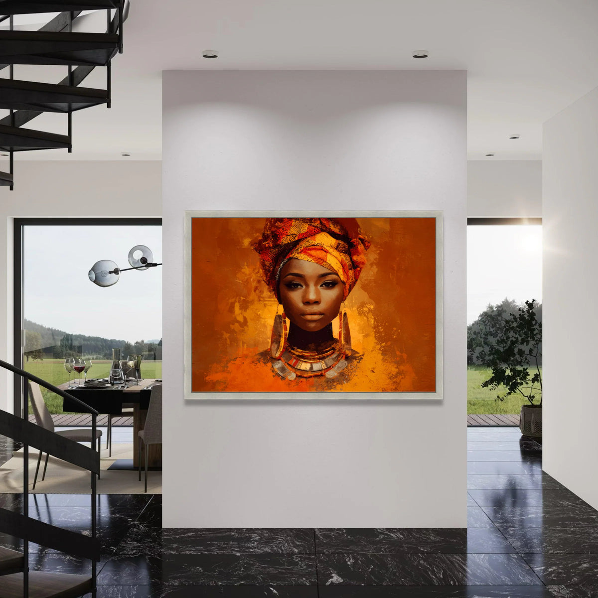 Elegant African Woman Portrait Canvas, Vibrant Headwrap Art, Cultural Wall Decor, Ethnic Jewelry Canvas, Warm Tones Wall Art Print Art