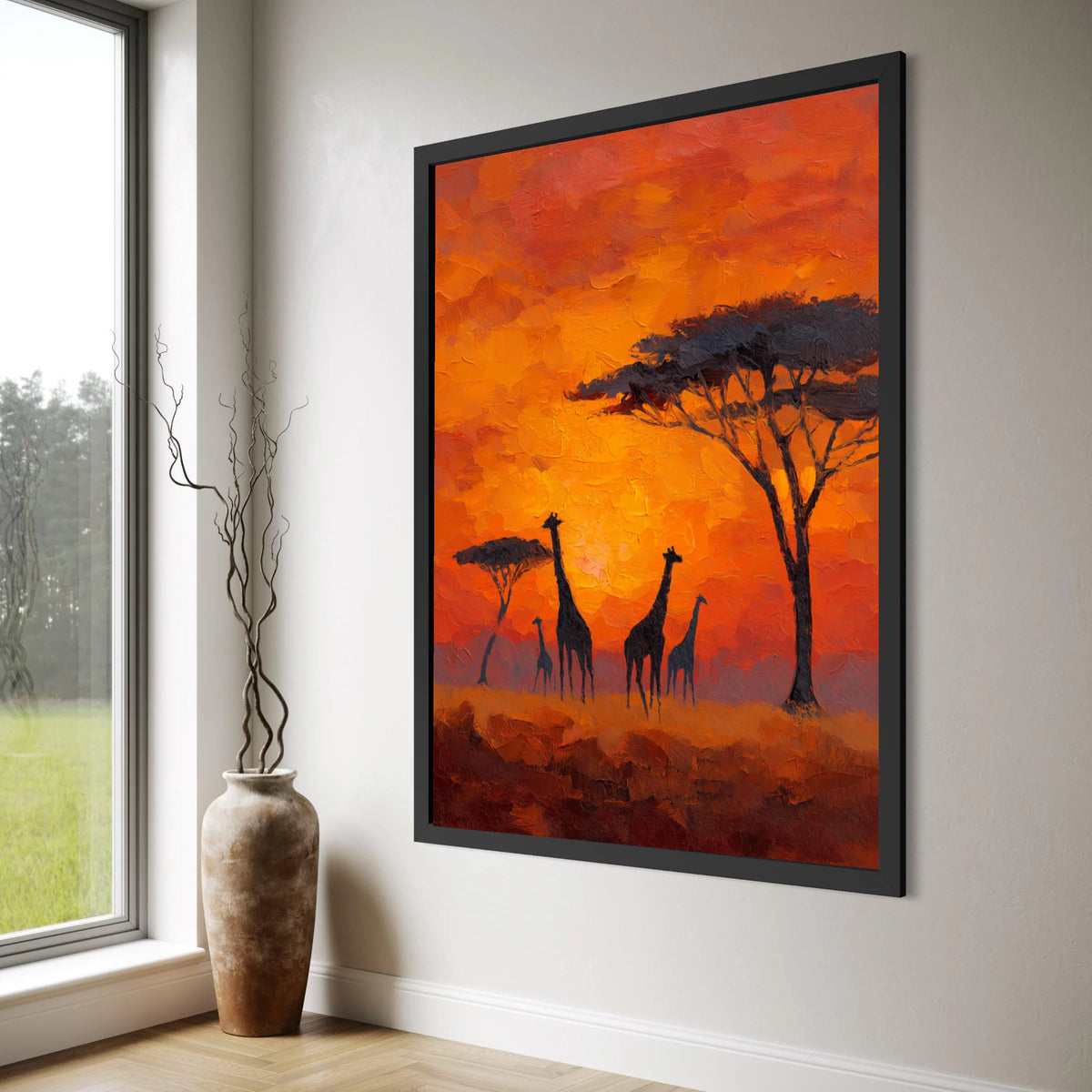 African Savanna Sunset Canvas, Giraffe Silhouettes Wall Art, Safari Wildlife Scene, Orange Sky Canvas, Nature Home Decor Print Art