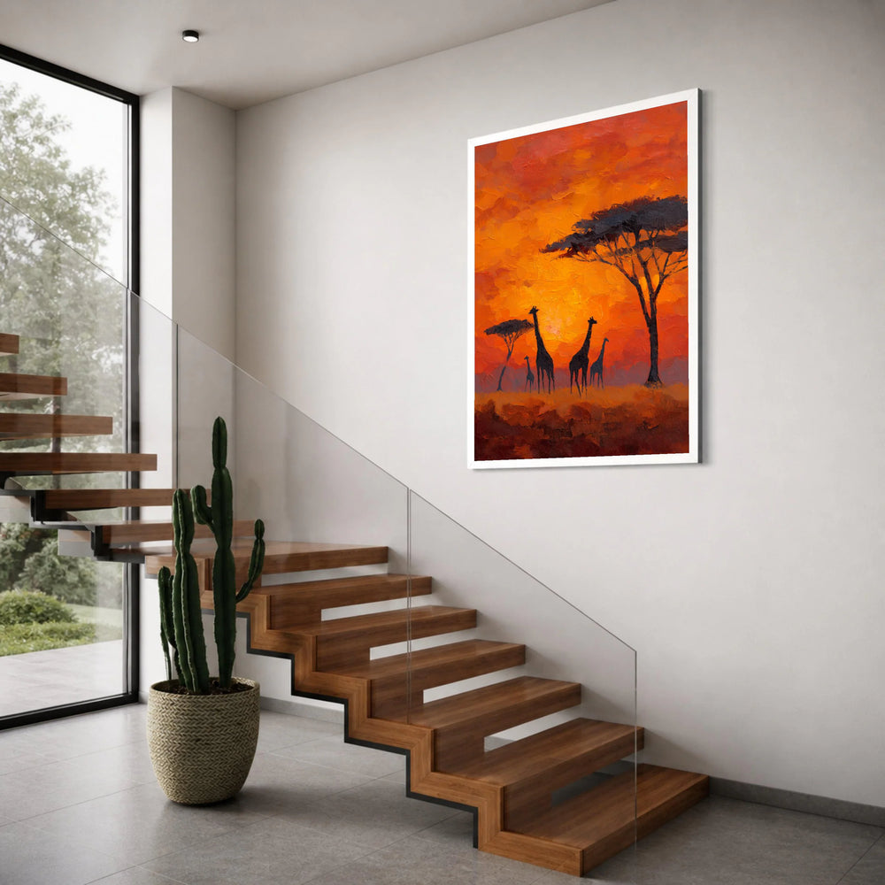 African Savanna Sunset Canvas, Giraffe Silhouettes Wall Art, Safari Wildlife Scene, Orange Sky Canvas, Nature Home Decor Print Art