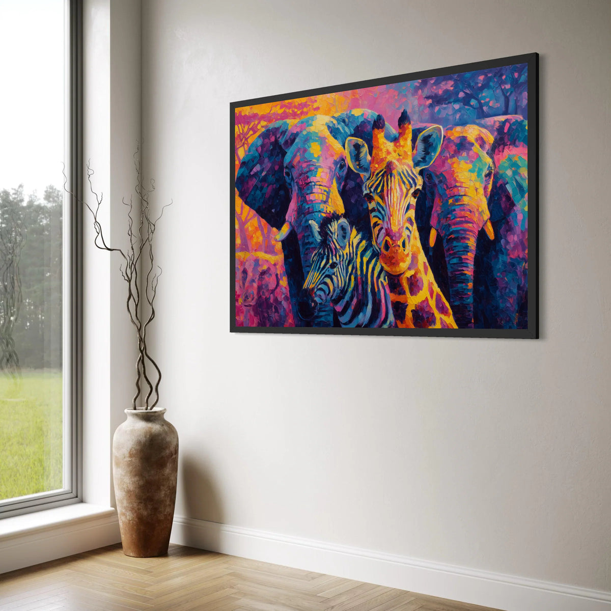 Vibrant Safari Animals Canvas, Colorful Giraffe Zebra Elephant Wall Art, African Wildlife Canvas Decoration, Modern Animal Print Art