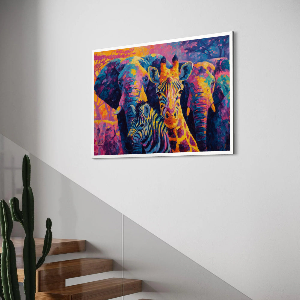 Vibrant Safari Animals Canvas, Colorful Giraffe Zebra Elephant Wall Art, African Wildlife Canvas Decoration, Modern Animal Print Art