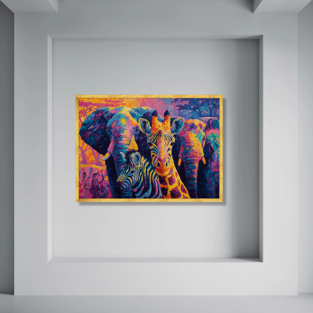 Vibrant Safari Animals Canvas, Colorful Giraffe Zebra Elephant Wall Art, African Wildlife Canvas Decoration, Modern Animal Print Art