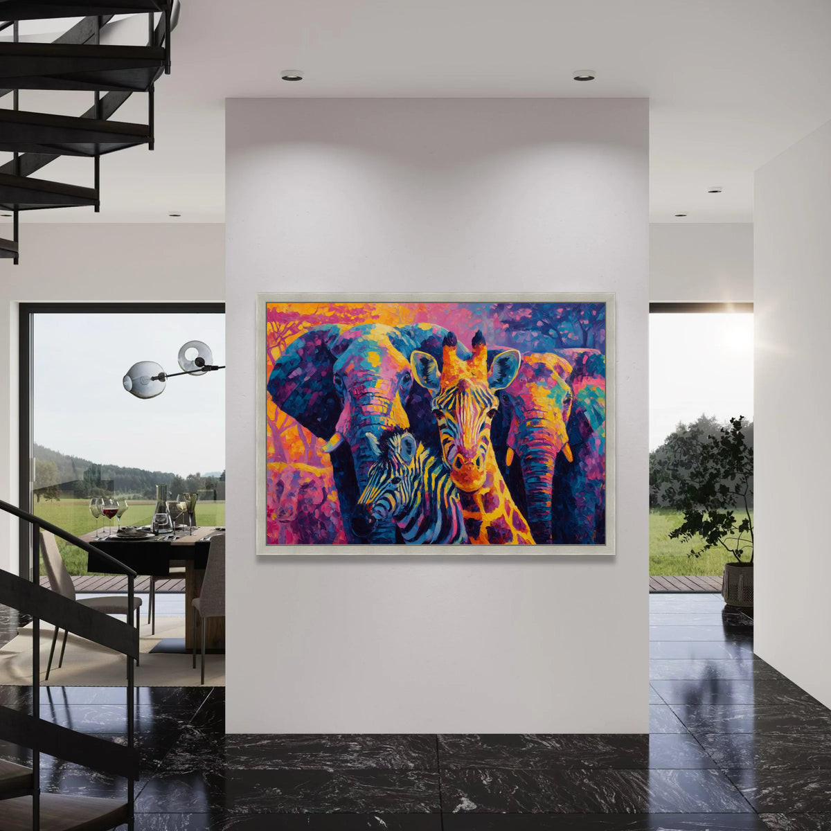 Vibrant Safari Animals Canvas, Colorful Giraffe Zebra Elephant Wall Art, African Wildlife Canvas Decoration, Modern Animal Print Art