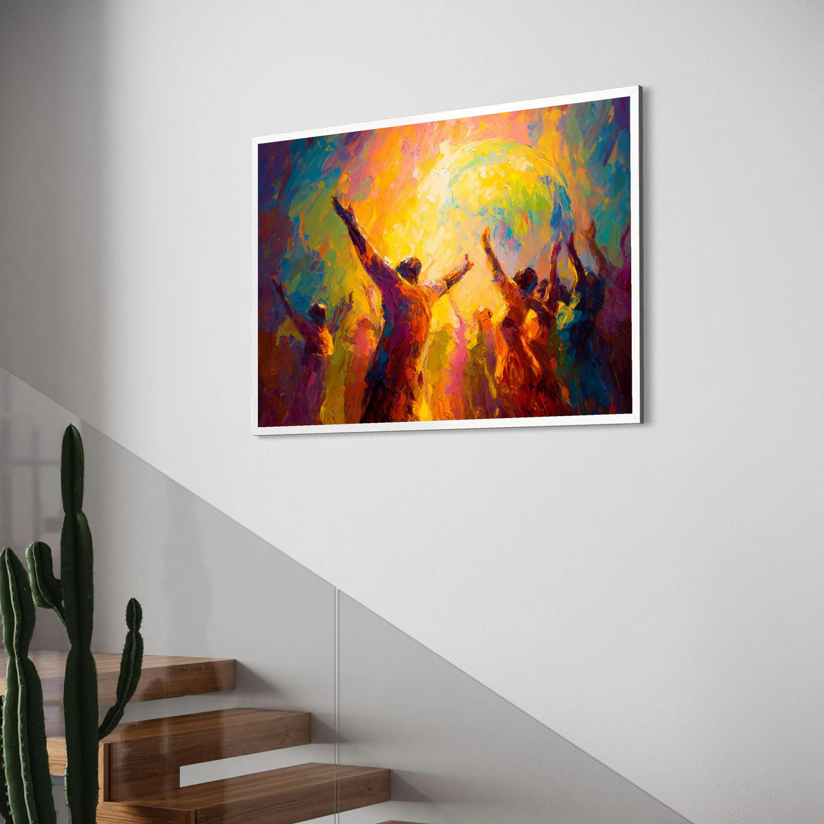 Vibrant Celebration Scene Canvas, Joyful People Raising Hands Wall Art, Abstract Colorful Party Canvas, Energy and Movement Print Art