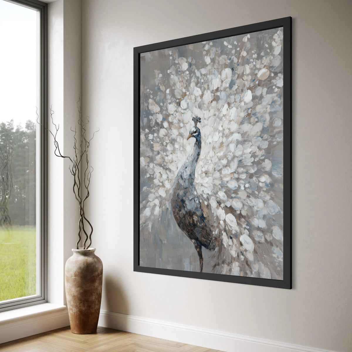 Elegant White Peacock Canvas Wall Art, Feather Detail Painting, Neutral Home Decoration, Animal Art Print, Ready to Hang Wall Print Art