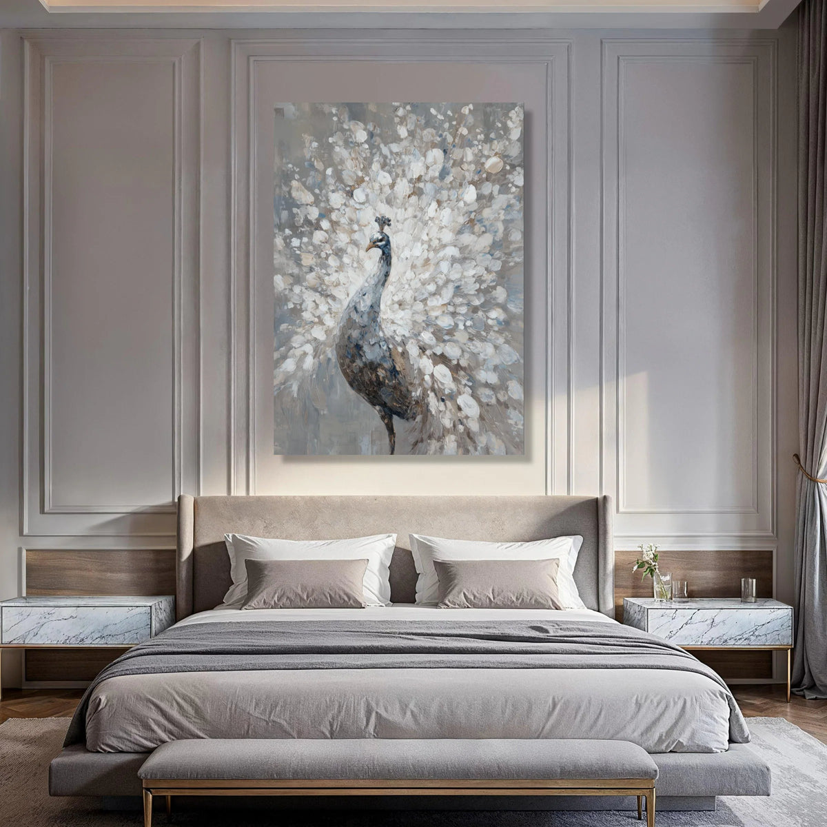 Elegant White Peacock Canvas Wall Art, Feather Detail Painting, Neutral Home Decoration, Animal Art Print, Ready to Hang Wall Print Art