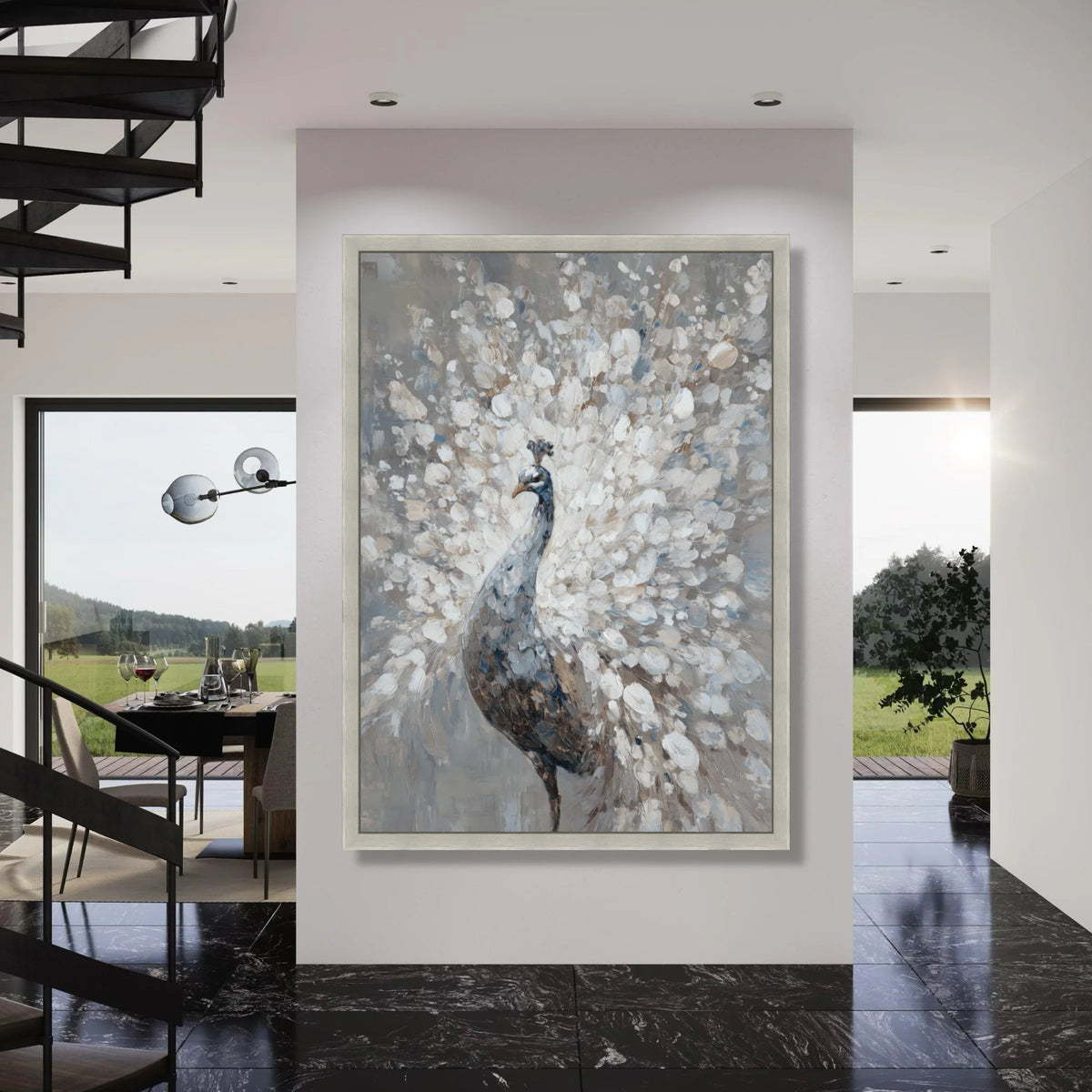 Elegant White Peacock Canvas Wall Art, Feather Detail Painting, Neutral Home Decoration, Animal Art Print, Ready to Hang Wall Print Art