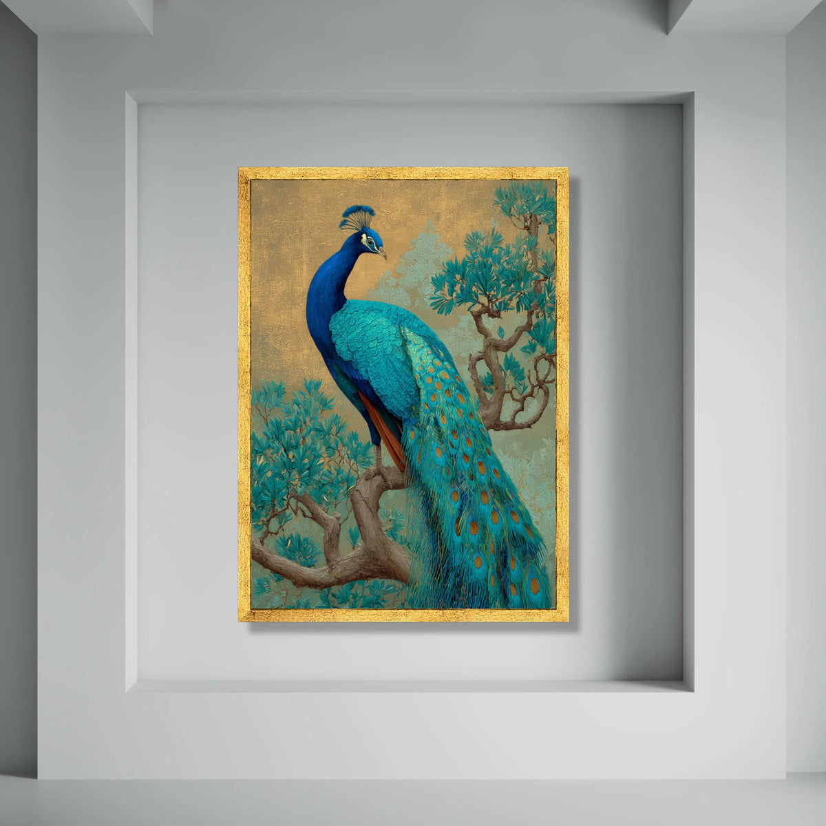 Majestic Peacock Perched Canvas, Vibrant Blue Bird Wall Art, Elegant Nature Scene, Tropical Wildlife Canvas, Home Decor Artwork Print Art