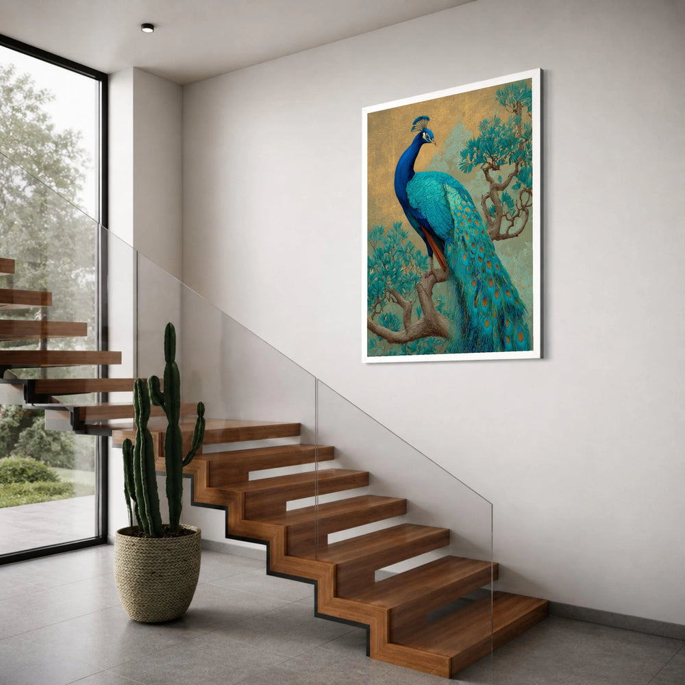 Majestic Peacock Perched Canvas, Vibrant Blue Bird Wall Art, Elegant Nature Scene, Tropical Wildlife Canvas, Home Decor Artwork Print Art